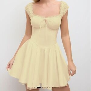 🆕️ NWT Cider Light Yellow Satin Lace Trim Cottagecore Mini Dress Lace Up Back